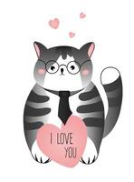 Card with cute grey striped cat on white background. Vector illustration for children, fabric, Valentines Day.