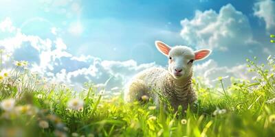 AI Generated Lamb lit with golden light at sunset photo