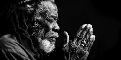 ai generado Orando a Dios con manos juntos caribe hombre Orando con negro antecedentes valores foto