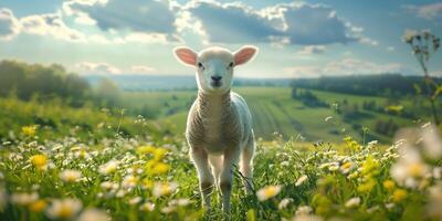 AI Generated Lamb lit with golden light at sunset photo