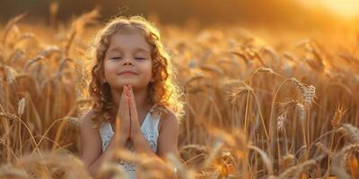 AI Generated Cute happy little girl prays in wheat field photo