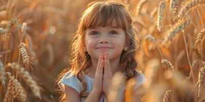 ai generado linda contento pequeño niña reza en trigo campo foto