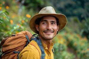 AI Generated Hiker - man hiking in forest. Caucasian male model outdoors in nature. photo