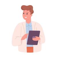 Scientist, doctor or biologist in white coat holding digital tablet. Doctor looking in the medical card vector
