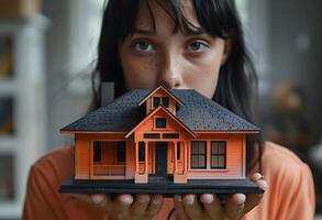 AI Generated small model house on a female hand photo
