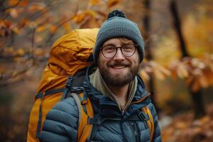 AI Generated Hiker - man hiking in forest. Caucasian male model outdoors in nature. photo