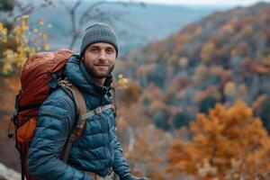 AI Generated Hiker - man hiking in forest. Caucasian male model outdoors in nature. photo