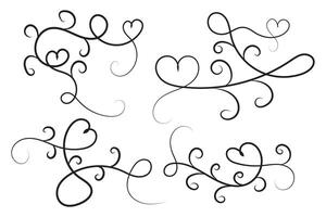 Filigree curly Calligraphic Heart, Fancy Line Flourishes Swirls hearts, curve romantic love sign, Valentines Day divider flourish Swirl, Calligraphy Flourish lettering header hearts scroll vector