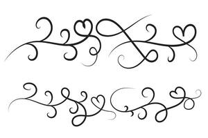 Filigree curly Calligraphic Heart, Fancy Line Flourishes Swirls hearts, curve romantic love sign, Valentines Day divider flourish Swirl, Calligraphy Flourish lettering header hearts scroll vector