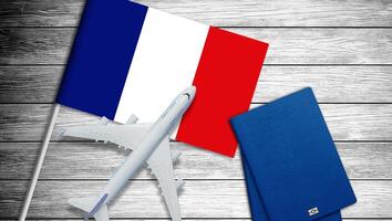 Illustration of a passenger plane flying over the flag of France. Concept of tourism and travel photo