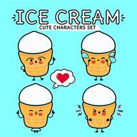 Funny cute happy Ice cream characters bundle set. Vector hand drawn doodle style cartoon character illustration. Isolated on blue background. Ice cream sundae mascot character collection