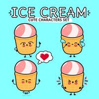 Funny cute happy Ice cream characters bundle set. Vector hand drawn doodle style cartoon character illustration. Isolated on blue background. Ice cream sundae mascot character collection