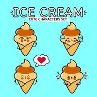 Funny cute happy Ice cream characters bundle set. Vector hand drawn doodle style cartoon character illustration. Isolated on blue background. Ice cream sundae mascot character collection