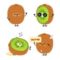 gracioso kiwi Fruta caracteres haz colocar. vector mano dibujado garabatear estilo dibujos animados personaje ilustración icono diseño. linda kiwi Fruta mascota personaje colección