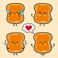 Happy Toast piece of bread with peanut butter characters bundle set. Vector hand drawn doodle style cartoon character. Isolated brown background. Toast piece of bread with peanut butter character