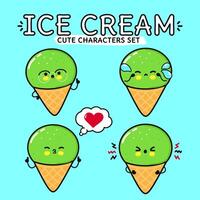 Funny cute happy Ice cream characters bundle set. Vector hand drawn doodle style cartoon character illustration. Isolated on blue background. Ice cream sundae mascot character collection