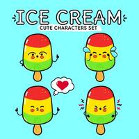 Funny cute happy Ice cream characters bundle set. Vector hand drawn doodle style cartoon character illustration. Isolated on blue background. Ice cream sundae mascot character collection