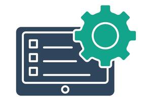 action plan icon. laptop and checklist with gear. icon related to business. solid icon style. element illustration. vector