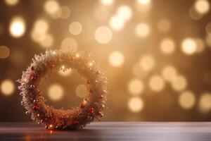 AI generated Festive christmas wreath displayed on a table. Generative AI photo