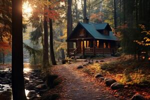 ai generado acogedor cabina anidado en un encantador otoño bosque. generativo ai foto