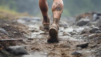 AI generated A close-up shot of a barefoot person walking on rough terrain. Generative AI photo