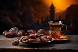AI generated Plate of dates and a glass of tea, a traditional middle eastern snack. Generative AI photo