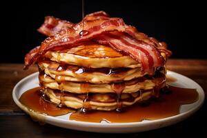 AI generated A stack of bacon pancakes drizzled with maple syrup. Generative AI photo