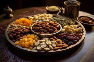 AI generated Colorful assortment of nuts and dried fruits on a wooden table. Generative AI photo