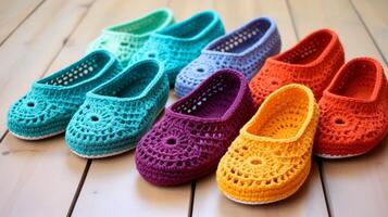 AI generated Crocheted slippers in a variety of sizes and colors. Generative AI photo