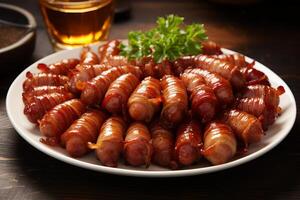 ai generado un plato de tocino envuelto mini salchichas, Perfecto fiesta aperitivos generativo ai foto