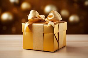 AI generated A gift box wrapped in elegant gold paper. Generative AI photo