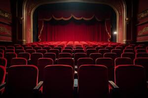 ai generado rojo terciopelo teatro asientos en un sala. generativo ai foto