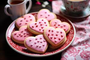 ai generado un plato de en forma de corazon galletas para San Valentín día. generativo ai foto