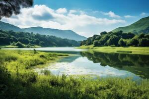 AI generated Tranquil lake surrounded by lush greenery and distant hills. Generative AI photo