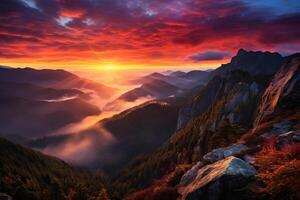 AI generated The dramatic colors of a mountain sunrise. Generative AI photo