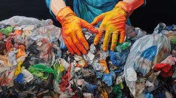 AI generated Close-up of hands sorting recyclable materials. Generative AI photo