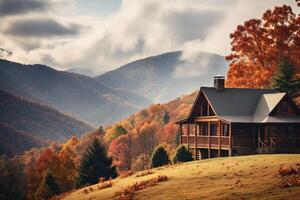 AI generated A picturesque shot of a cabin nestled in a valley, surrounded by rolling hills adorned with fall foliage, invoking a sense of autumn retreat. Generative AI photo