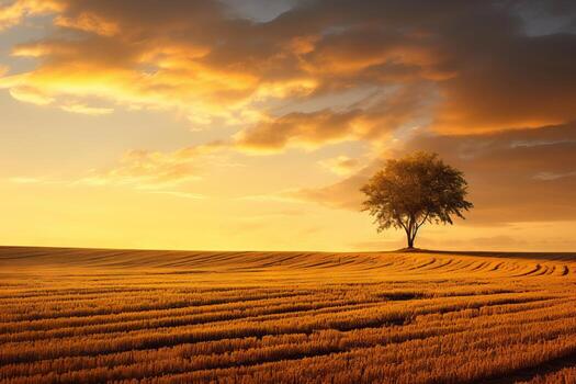 AI generated The silhouette of a lone tree in a golden field. Generative AI photo