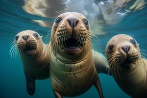 ai generado un grupo de juguetón mar leones interactuando submarino. generativo ai foto