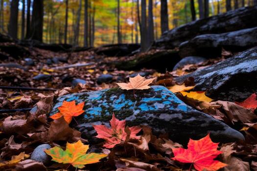 AI generated Colorful autumn leaves covering the forest floor. Generative AI photo