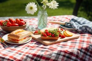 AI generated Springtime picnic mockup with a checkered blanket, sandwiches, and fresh fruits. Generative AI photo