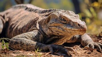 AI generated A close up of a lizard laying on the ground. Generative AI photo