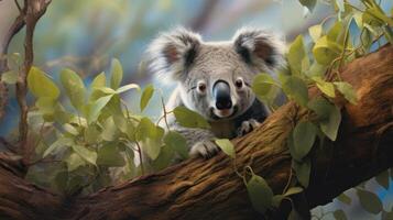 AI generated Koala perched on a tree branch. Generative AI photo