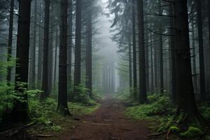 ai generado niebla asentamiento en el bosque, creando un aire de misterio. generativo ai foto