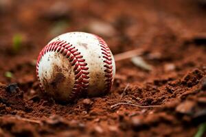 AI generated A close-up of a baseball in the dirt. Generative AI photo