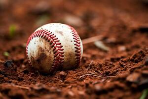 AI generated A close-up of a baseball in the dirt. Generative AI photo