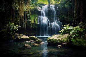 AI generated Majestic waterfall framed by lush foliage, a captivating natural view. Generative AI photo