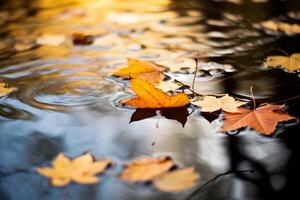 ai generado un tranquilo reflexión de otoño hojas en el superficie de un calma estanque. generativo ai foto