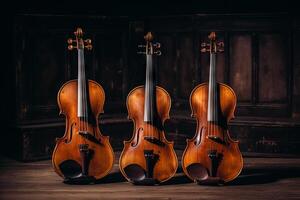 AI generated Three identical violins in a symphony orchestra. Generative AI photo