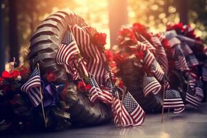 AI generated A Patriot Day memorial adorned with wreaths, ribbons, and an American flag background. Generative AI photo